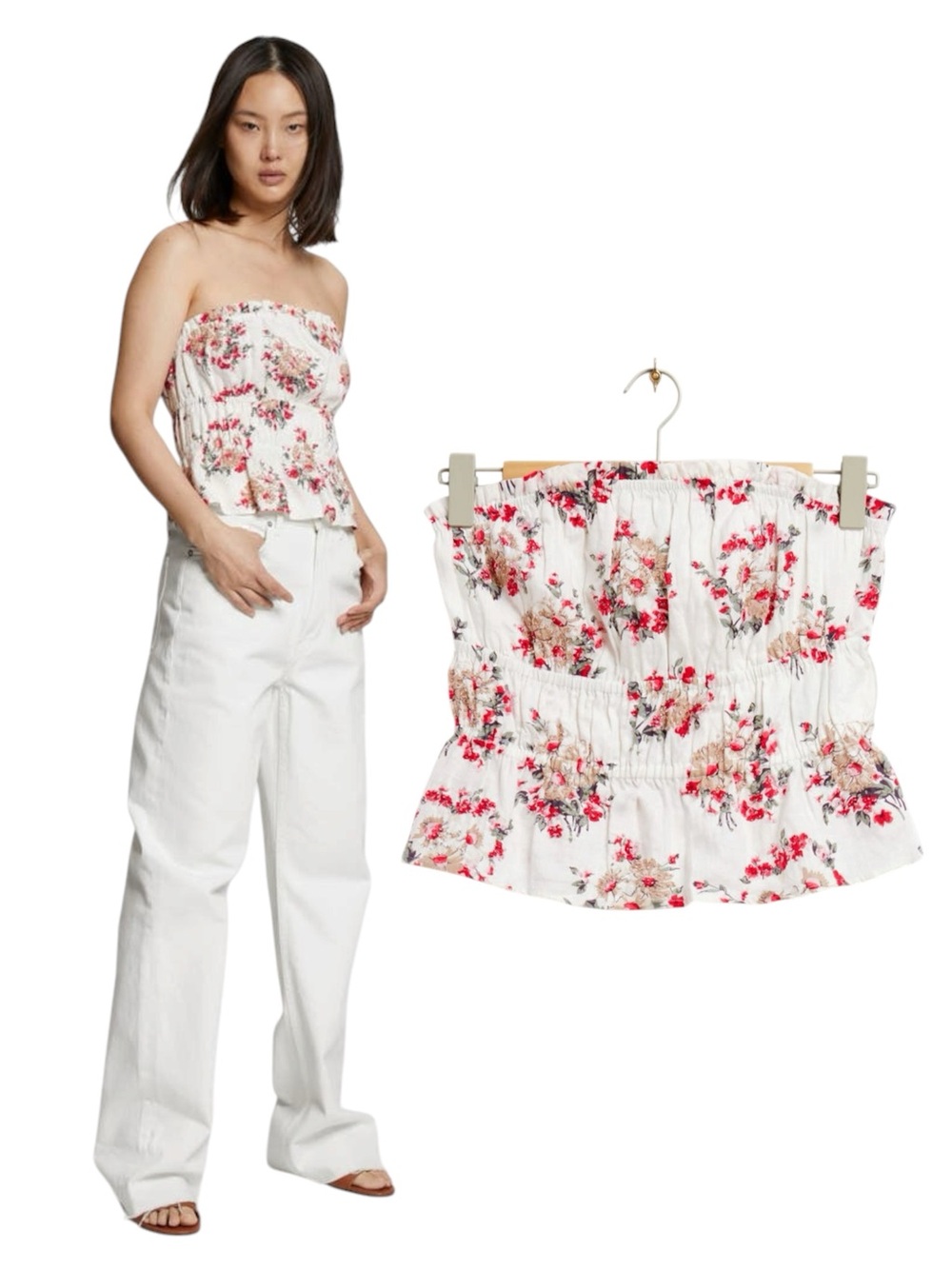 $129 NWT & Other Stories Ivy Floral Print Smocked Beaded Strapless Top